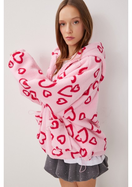Kapüşonlu Kalpli Oversize Peluş Mont LCI0058 Pembe modelleri
