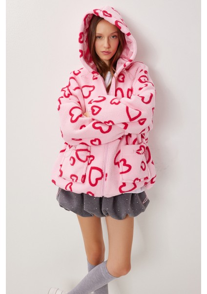 Kapüşonlu Kalpli Oversize Peluş Mont LCI0058 Pembe fırsatları