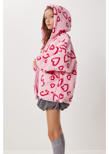Kapüşonlu Kalpli Oversize Peluş Mont LCI0058 Pembe indirimleri