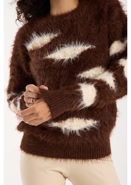 Kadın Acı Kahve Sakal Iplik Taş ve Inci Detaylı Bisiklet Yaka Triko Kazak modelleri