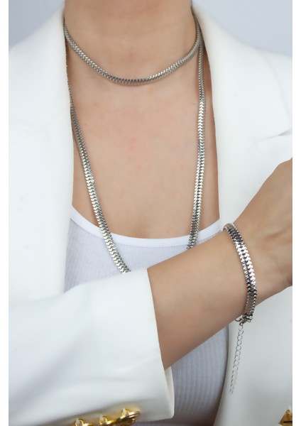 Ezme Zincir Gümüş Renk Ikili Kolye Bileklik Set