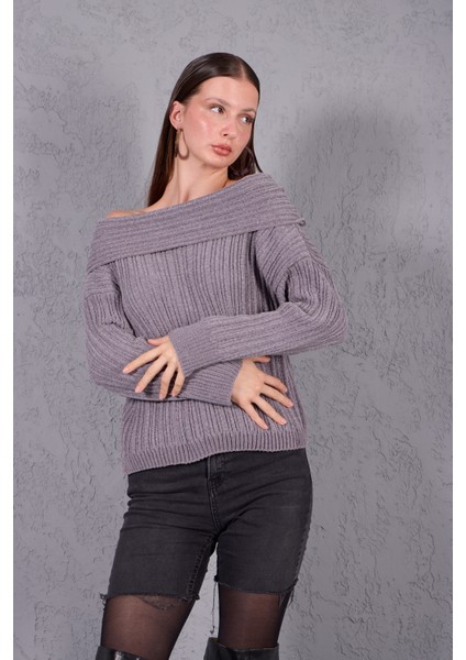 Kadın Gri Şönil Kadife Carmen Yaka Triko Kazak fiyatları