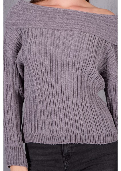 Kadın Gri Şönil Kadife Carmen Yaka Triko Kazak indirimleri