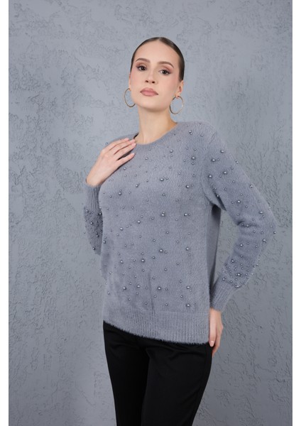 Kadın Gri Sakal Iplik Inci Detaylı Bisiklet Yaka Triko Kazak