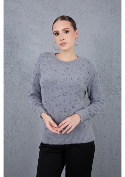 Kadın Gri Sakal Iplik Inci Detaylı Bisiklet Yaka Triko Kazak fiyatları