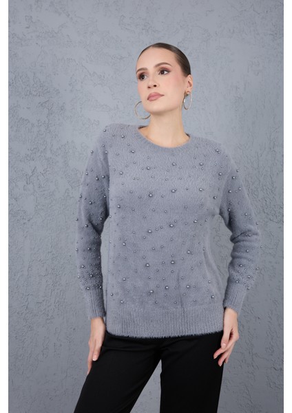 Kadın Gri Sakal Iplik Inci Detaylı Bisiklet Yaka Triko Kazak modelleri