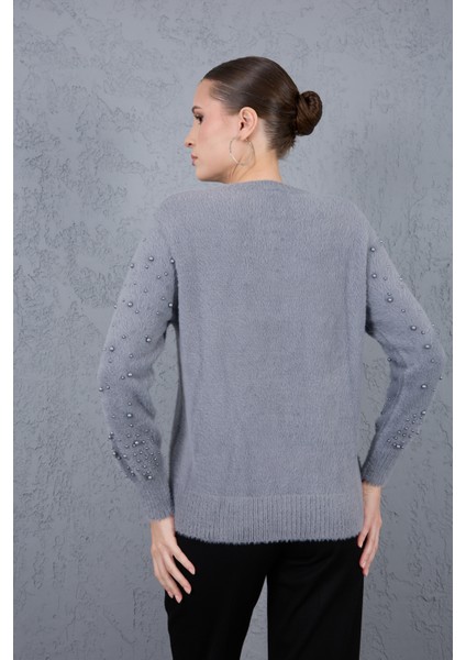 Kadın Gri Sakal Iplik Inci Detaylı Bisiklet Yaka Triko Kazak fırsatları
