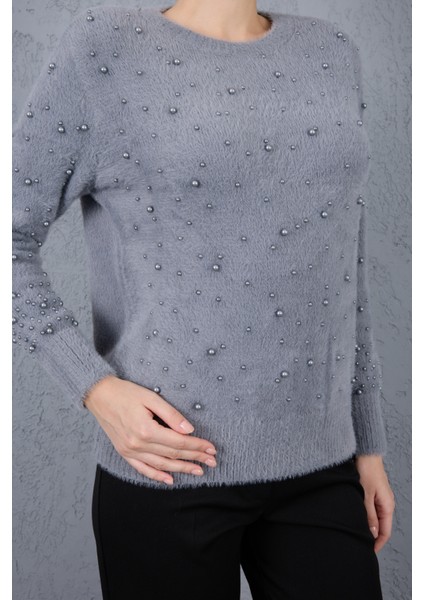 Kadın Gri Sakal Iplik Inci Detaylı Bisiklet Yaka Triko Kazak indirimleri