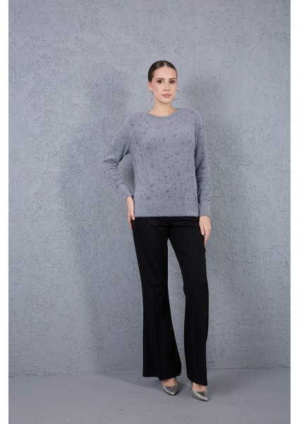 Kadın Gri Sakal Iplik Inci Detaylı Bisiklet Yaka Triko Kazak