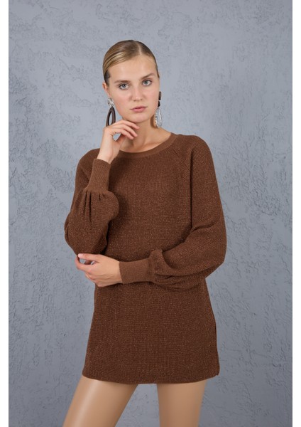 Kadın Kahve Reglan Balon Kollu Bisiklet Yaka Simli Triko Kazak