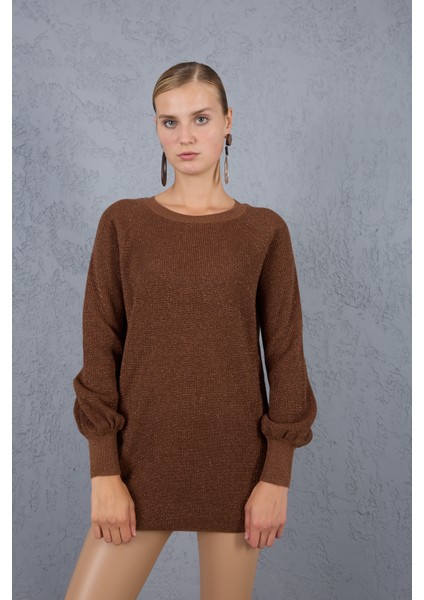 Kadın Kahve Reglan Balon Kollu Bisiklet Yaka Simli Triko Kazak fiyatları