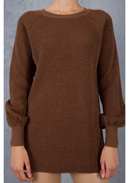 Kadın Kahve Reglan Balon Kollu Bisiklet Yaka Simli Triko Kazak modelleri