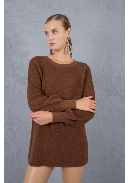 Kadın Kahve Reglan Balon Kollu Bisiklet Yaka Simli Triko Kazak fırsatları