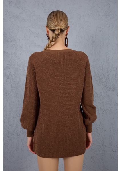 Kadın Kahve Reglan Balon Kollu Bisiklet Yaka Simli Triko Kazak indirimleri
