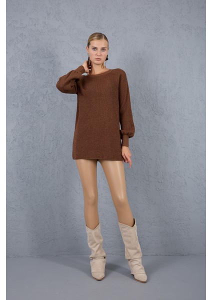 Kadın Kahve Reglan Balon Kollu Bisiklet Yaka Simli Triko Kazak