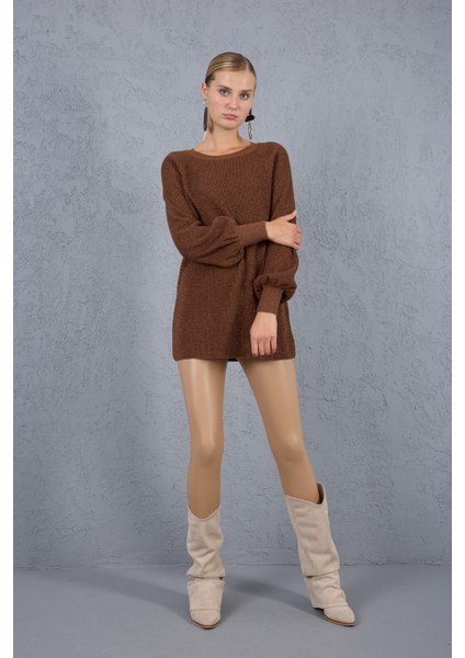 Kadın Kahve Reglan Balon Kollu Bisiklet Yaka Simli Triko Kazak