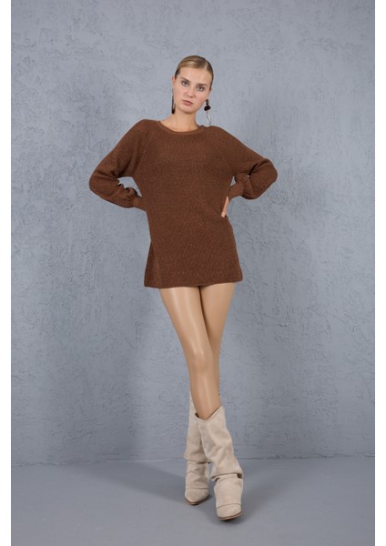 Kadın Kahve Reglan Balon Kollu Bisiklet Yaka Simli Triko Kazak