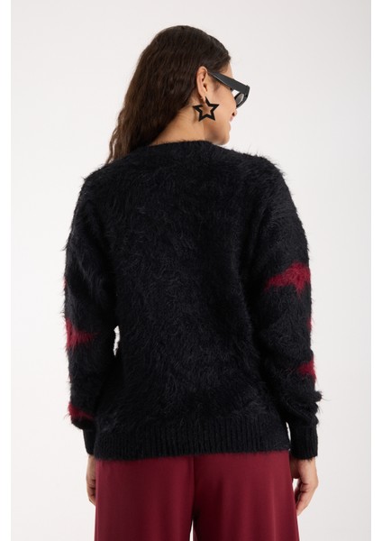 Kadın Siyah-Bordo Sakal Iplik Taş ve Inci Detaylı Bisiklet Yaka Triko Kazak indirimleri