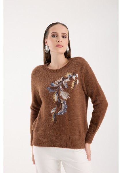 Kadın Taba Sakal Iplik Yaprak Desenli Boncuk Nakışlı Bisiklet Yaka Triko Kazak fiyatları