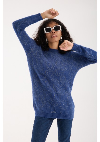 Kadın Indigo Simli Sakal Iplik Yan Yırtmaçlı Bisiklet Yaka Triko Kazak