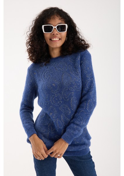 Kadın Indigo Simli Sakal Iplik Yan Yırtmaçlı Bisiklet Yaka Triko Kazak fiyatları