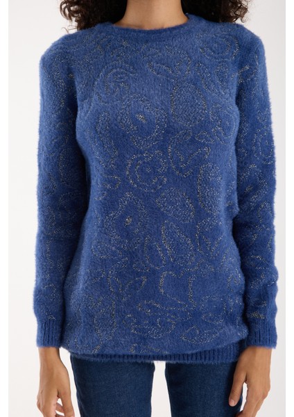 Kadın Indigo Simli Sakal Iplik Yan Yırtmaçlı Bisiklet Yaka Triko Kazak modelleri