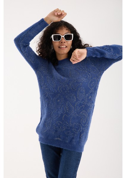 Kadın Indigo Simli Sakal Iplik Yan Yırtmaçlı Bisiklet Yaka Triko Kazak fırsatları