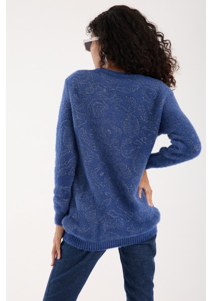 Kadın Indigo Simli Sakal Iplik Yan Yırtmaçlı Bisiklet Yaka Triko Kazak indirimleri