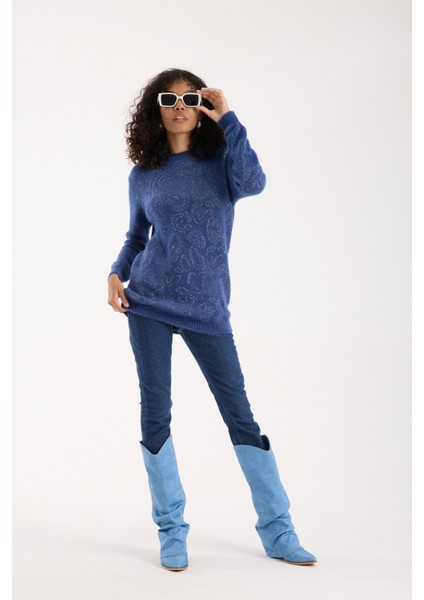 Kadın Indigo Simli Sakal Iplik Yan Yırtmaçlı Bisiklet Yaka Triko Kazak