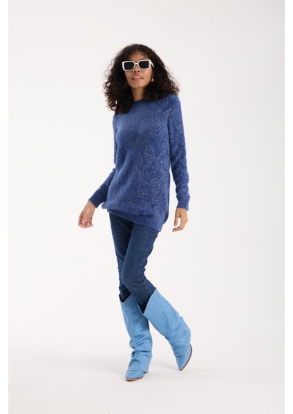 Kadın Indigo Simli Sakal Iplik Yan Yırtmaçlı Bisiklet Yaka Triko Kazak