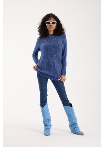 Kadın Indigo Simli Sakal Iplik Yan Yırtmaçlı Bisiklet Yaka Triko Kazak