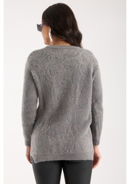 Kadın Gri Simli Sakal Iplik Yan Yırtmaçlı Bisiklet Yaka Triko Kazak indirimleri