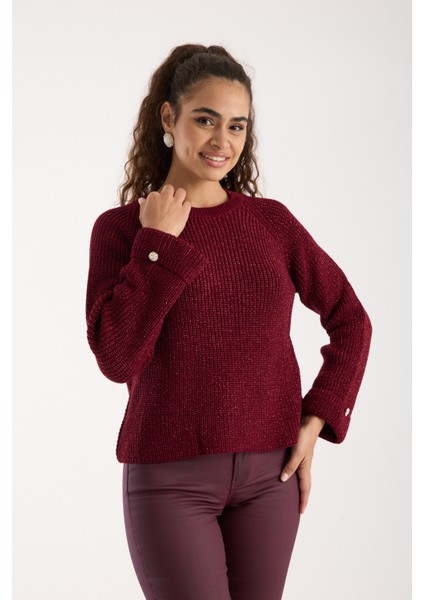 Kadın Bordo Reglan Kol ve Tek Düğmeli Manşetler Bisiklet Yaka Simli Triko Kazak