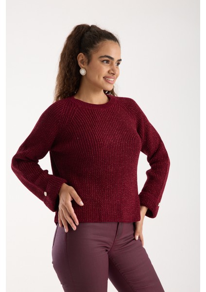 Kadın Bordo Reglan Kol ve Tek Düğmeli Manşetler Bisiklet Yaka Simli Triko Kazak modelleri