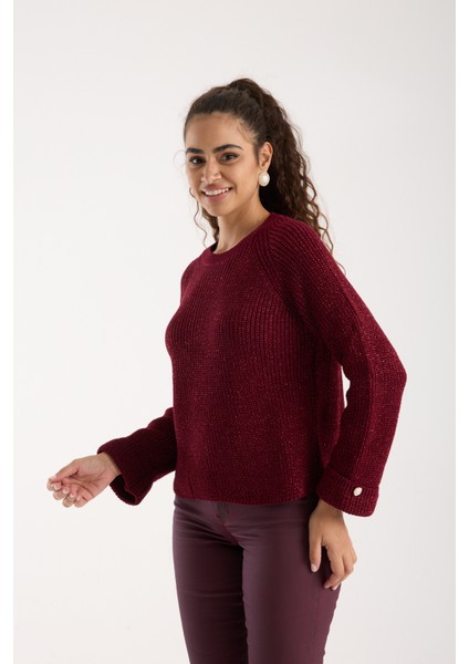 Kadın Bordo Reglan Kol ve Tek Düğmeli Manşetler Bisiklet Yaka Simli Triko Kazak indirimleri
