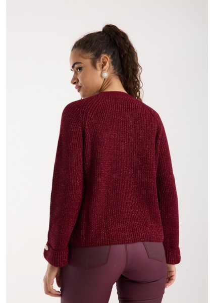 Kadın Bordo Reglan Kol ve Tek Düğmeli Manşetler Bisiklet Yaka Simli Triko Kazak