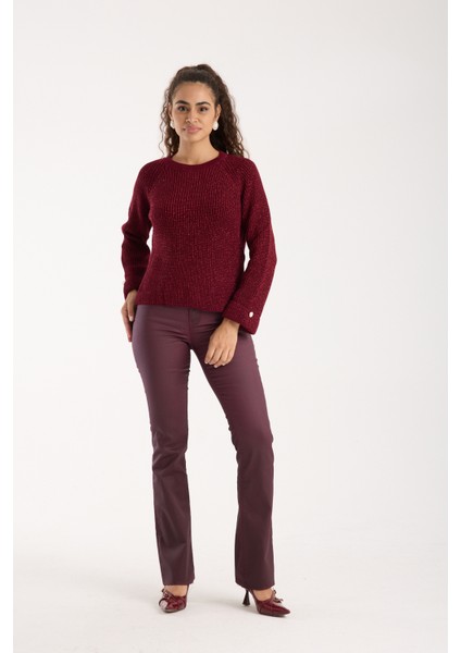 Kadın Bordo Reglan Kol ve Tek Düğmeli Manşetler Bisiklet Yaka Simli Triko Kazak