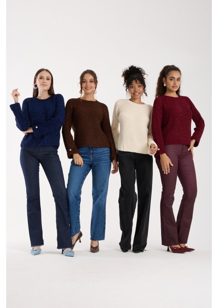 Kadın Bordo Reglan Kol ve Tek Düğmeli Manşetler Bisiklet Yaka Simli Triko Kazak