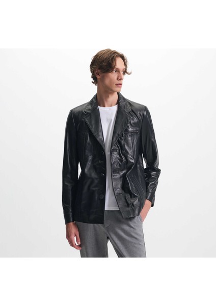 Siyah Hakiki Deri Erkek Hakiki Deri Ceket - E25KDM310606-Q3H