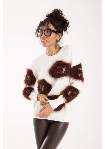 Kadın Beyaz-Kahve Sakal Iplik Bisiklet Yaka Triko Kazak fiyatları