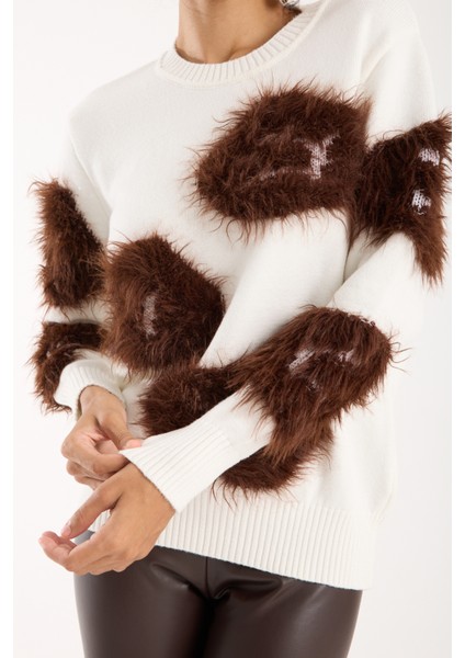 Kadın Beyaz-Kahve Sakal Iplik Bisiklet Yaka Triko Kazak fırsatları