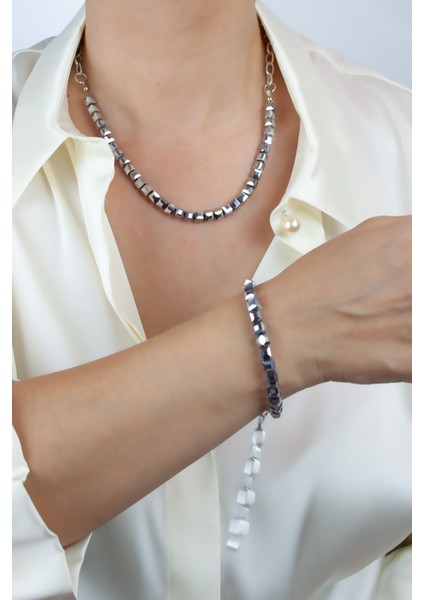 Küp Kristal Gümüş Zincir Kolye Bileklik Set