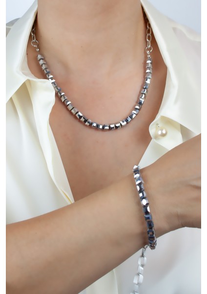 Küp Kristal Gümüş Zincir Kolye Bileklik Set fiyatları