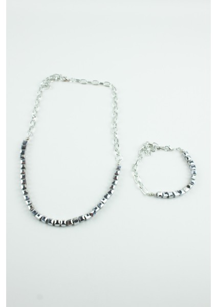 Küp Kristal Gümüş Zincir Kolye Bileklik Set modelleri