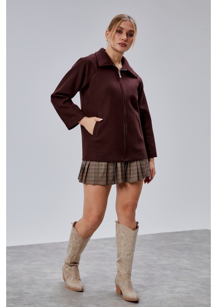 Acı Kahve Oversize Fermuarlı Kaşe Ceket modelleri