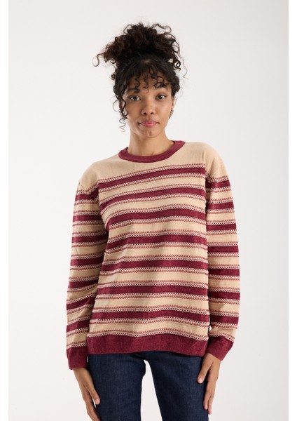 Kadın Krem-Bordo Çizgili Çapraz Kontrast Dikiş Detaylı Şönil Kadife Triko Kazak