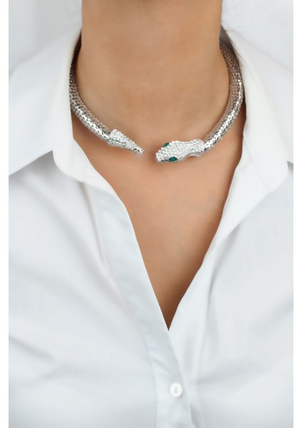 Zirkon Taşlı Yılan Figür Kolye