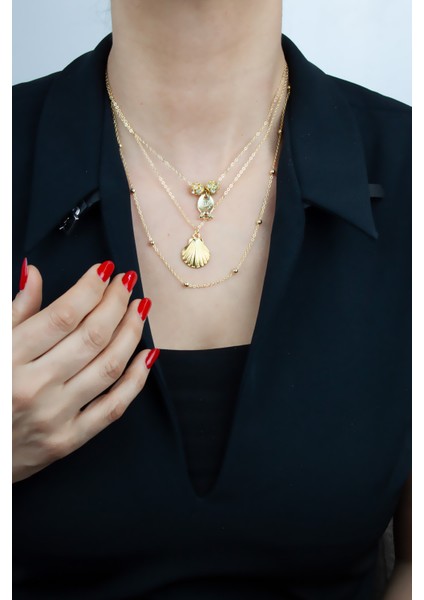 Üç Sıralı Ince Zincir Balık ve Istiridye Figürlü Gold Kolye