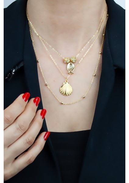 Üç Sıralı Ince Zincir Balık ve Istiridye Figürlü Gold Kolye fiyatları