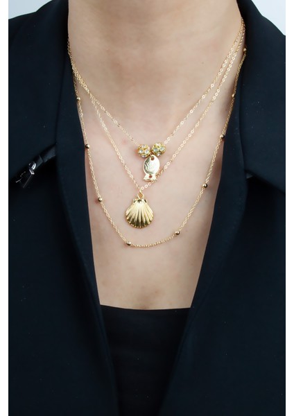 Üç Sıralı Ince Zincir Balık ve Istiridye Figürlü Gold Kolye modelleri